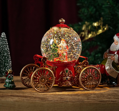 Felinar decorativ Craciun tip glob pe trasura, cu scena fixa si efect de ninsoare, lumina calda, 22 cm