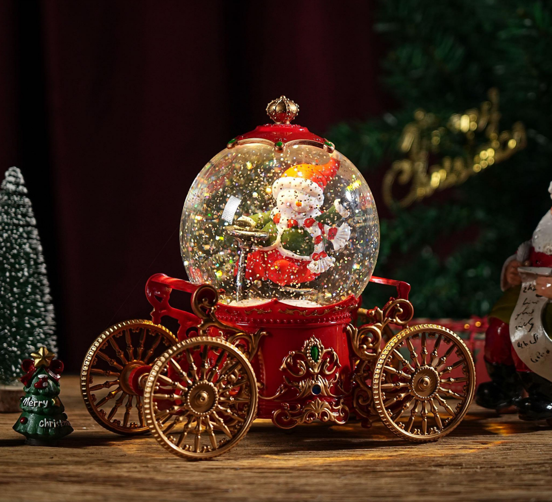 Felinar decorativ Craciun tip glob pe trasura, cu scena fixa si efect de ninsoare, lumina calda, 22 cm