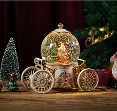Felinar decorativ Craciun tip glob pe trasura, cu scena fixa si efect de ninsoare, lumina calda, 22 cm