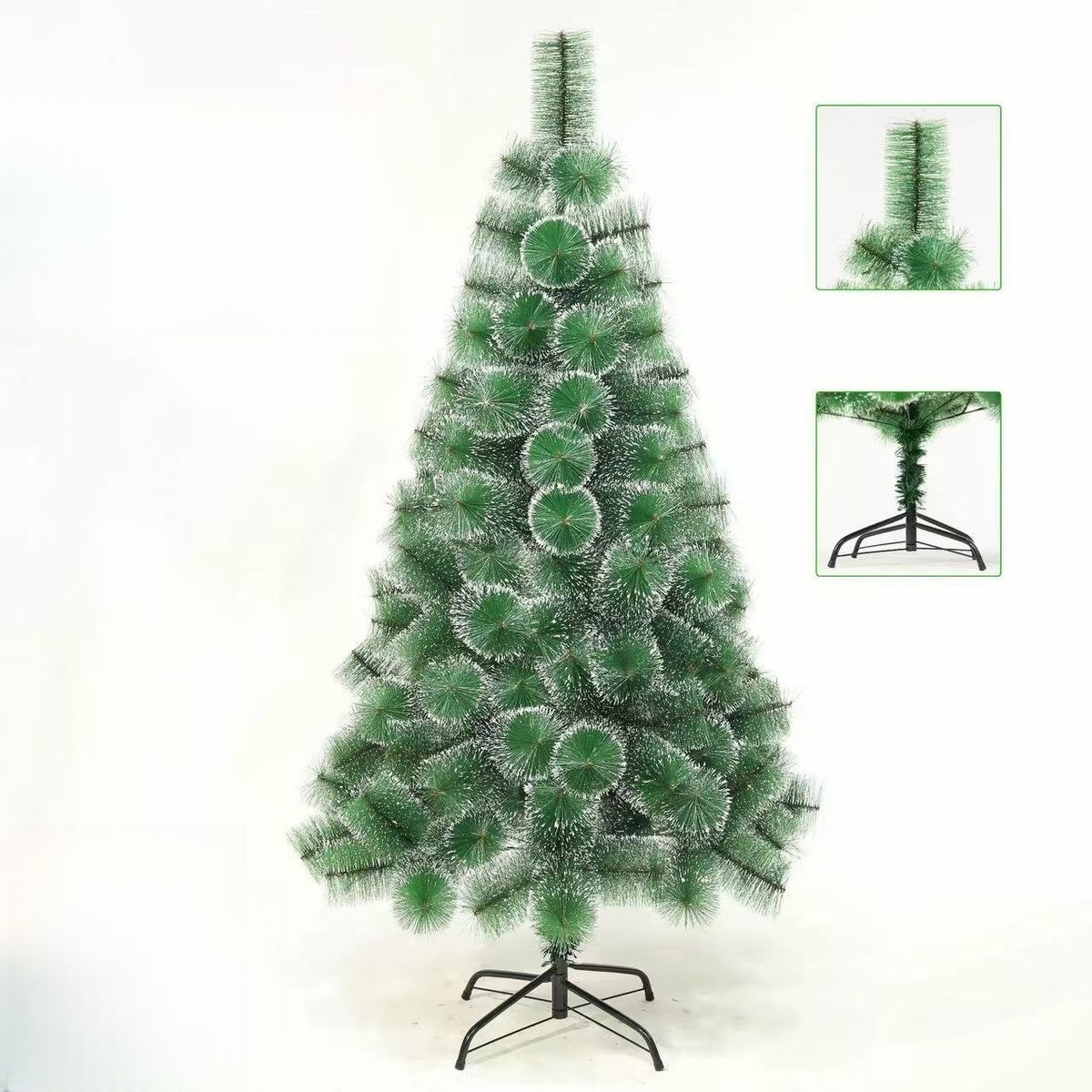 Brad artificial 120 cm verde cu vârfuri albe și suport metalic – Pom de Crăciun cu efect de zăpadă