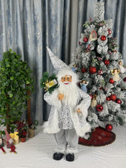 Mos Craciun decorativ 100 cm, elegant cu barba si sac de cadouri