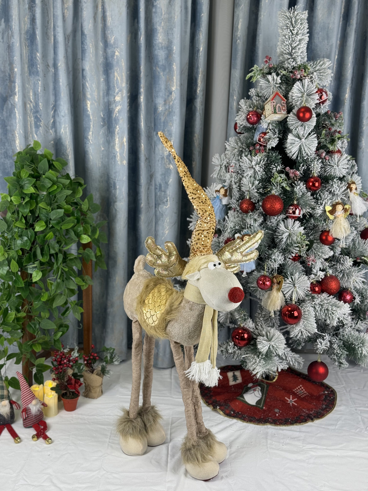 Ren decorativ Craciun 90 cm cu palarie lunga – Figurina textila festiva