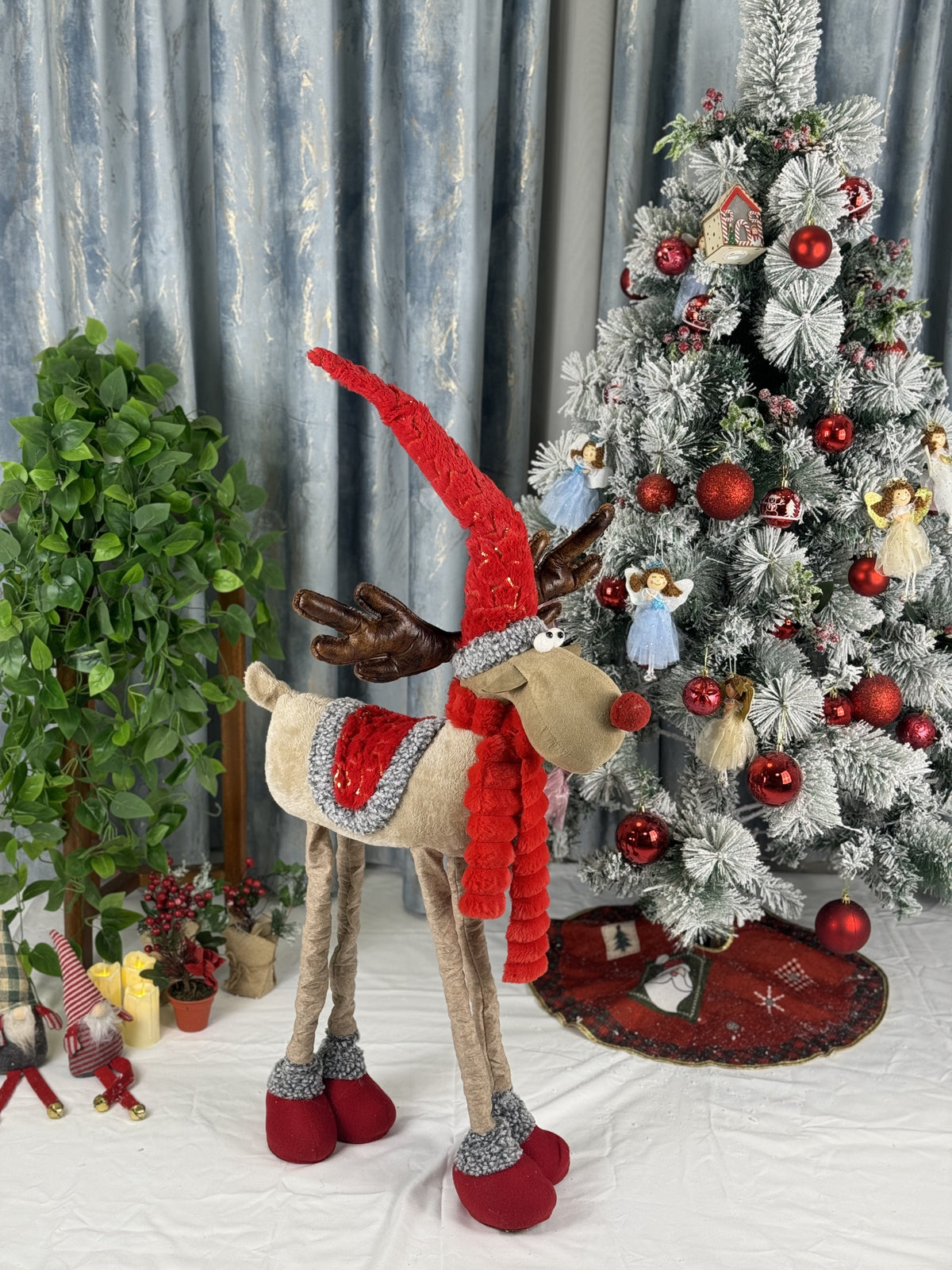 Ren decorativ Craciun 90 cm cu palarie lunga – Figurina textila festiva