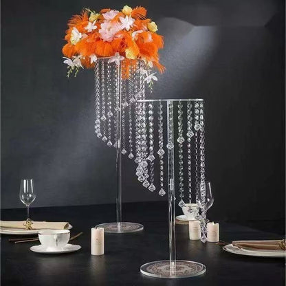 Set 4 suporturi decorative transparente cu cristale suspendate, design elegant pentru aranjamente florale, înălțimi 60 cm sau 80 cm (fără flori)
