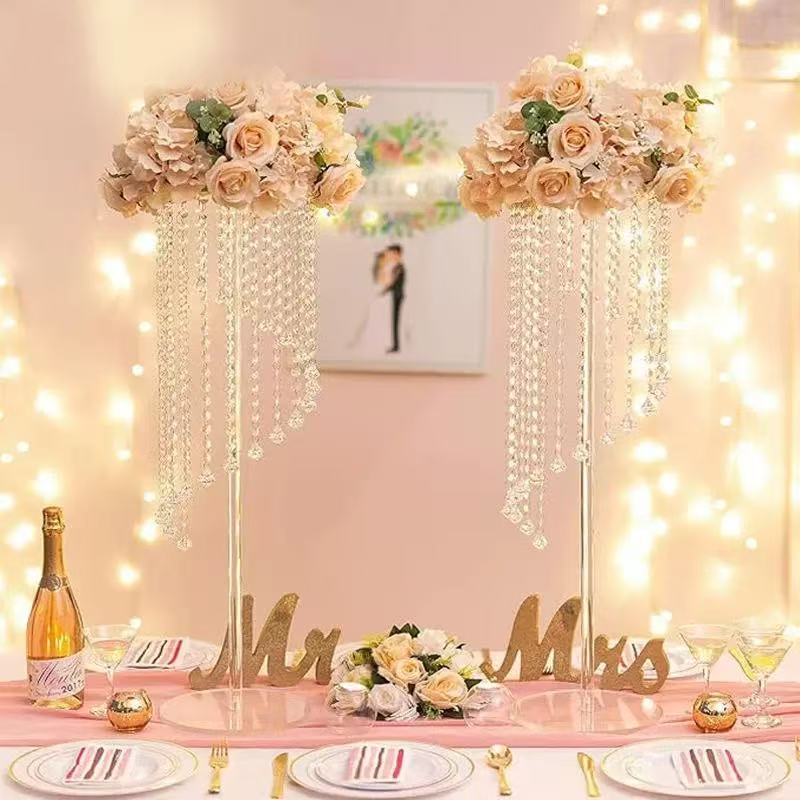 Set 4 suporturi decorative transparente cu cristale suspendate, design elegant pentru aranjamente florale, înălțimi 60 cm sau 80 cm (fără flori)