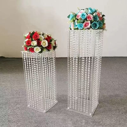 Set 4 suporturi decorative transparente cu cristale tip perdea, pentru aranjamente florale, înălțimi 40/60/80/100 cm (fără flori)