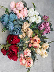 Floare Artificiala Tip Bujor Premium 50 cm, 8 Capete Florale, cu Frunze Decorative
