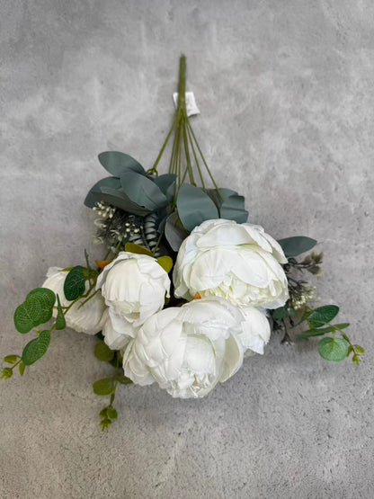 Floare Artificiala Tip Bujor Premium 50 cm, 8 Capete Florale, cu Frunze Decorative
