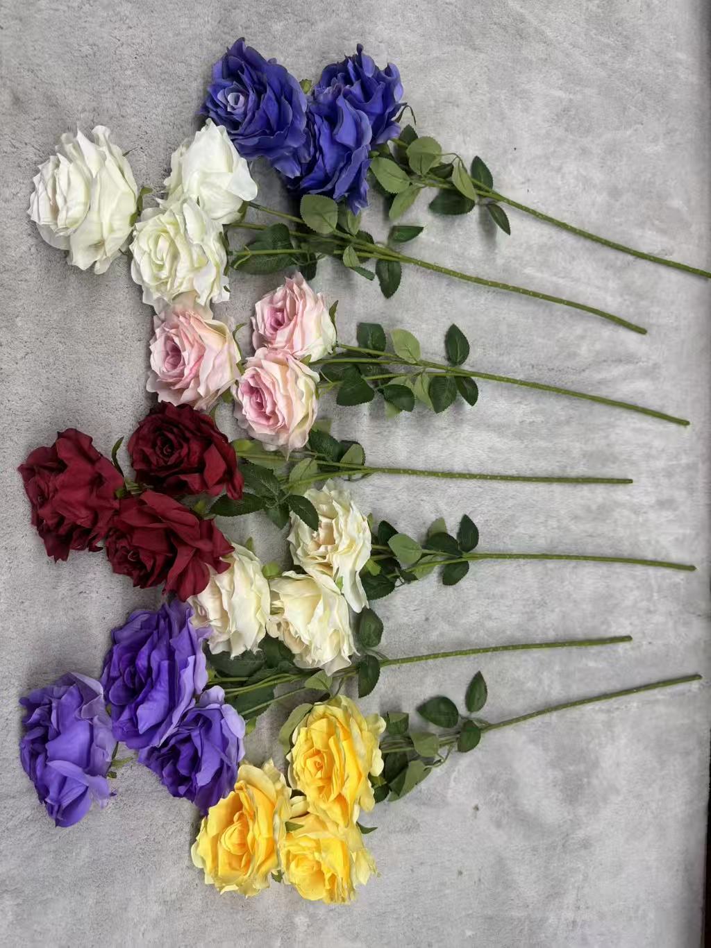 Crenguță Florală Artificială cu 3 Trandafiri 80 cm, Diverse Culori, cu Frunze Decorative, pentru Decor Interior