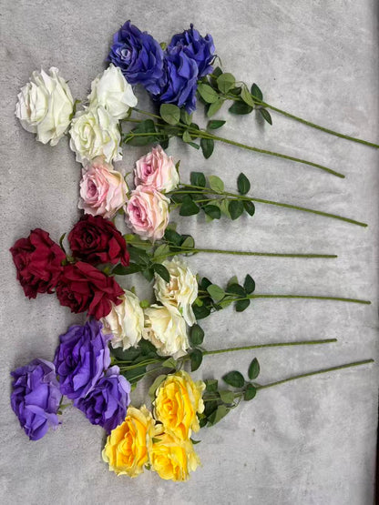 Crenguță Florală Artificială cu 3 Trandafiri 80 cm, Diverse Culori, cu Frunze Decorative, pentru Decor Interior