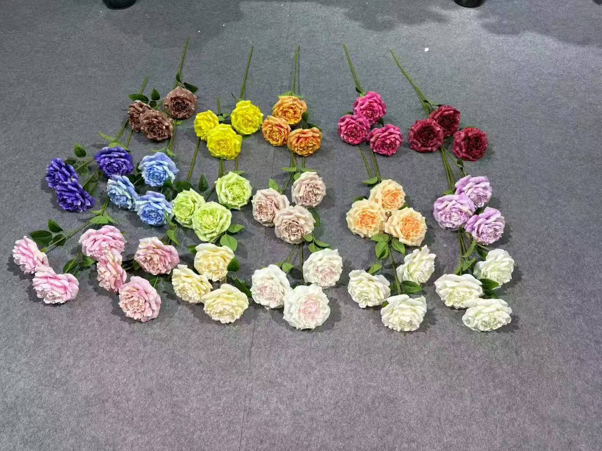 Crenguță Florală Artificială cu 3 Bujori 80 cm, Diverse Culori, cu Frunze Decorative, pentru Decor Interior