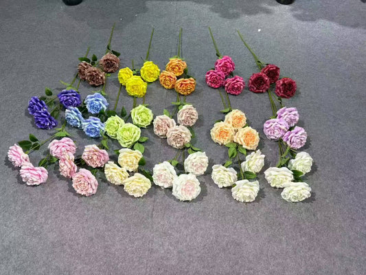 Crenguță Florală Artificială cu 3 Bujori 80 cm, Diverse Culori, cu Frunze Decorative, pentru Decor Interior