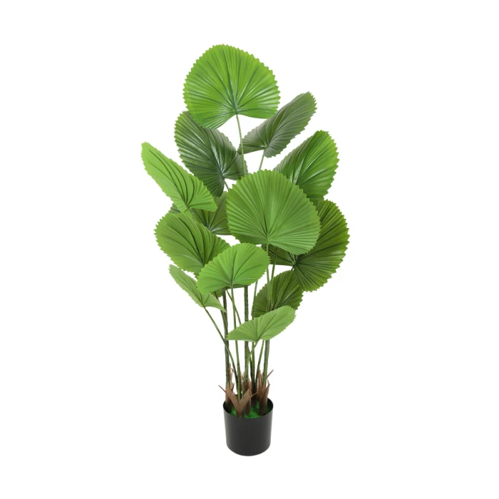 Planta artificiala decorativa cu frunze tip evantai, ghiveci negru, 130 cm