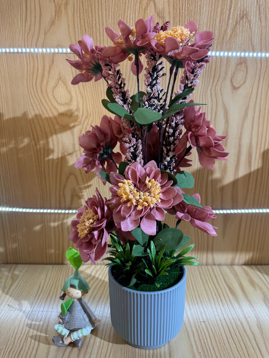Aranjament floral artificial cu flori albe si galbene, vaza alba inclusa, 50 cm, decor interior