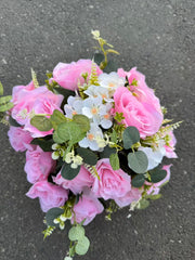 Buchet artificial cu trandafiri roz și frunze decorative, 28 capete, 40 cm, Ruyidecor