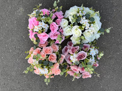Buchet artificial cu trandafiri roz și frunze decorative, 28 capete, 40 cm, Ruyidecor