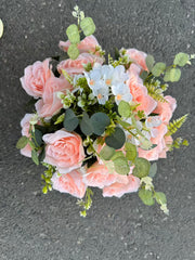 Buchet artificial cu trandafiri roz și frunze decorative, 28 capete, 40 cm, Ruyidecor