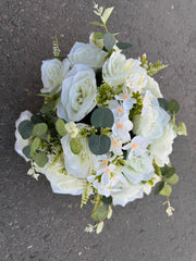 Buchet artificial cu trandafiri roz și frunze decorative, 28 capete, 40 cm, Ruyidecor