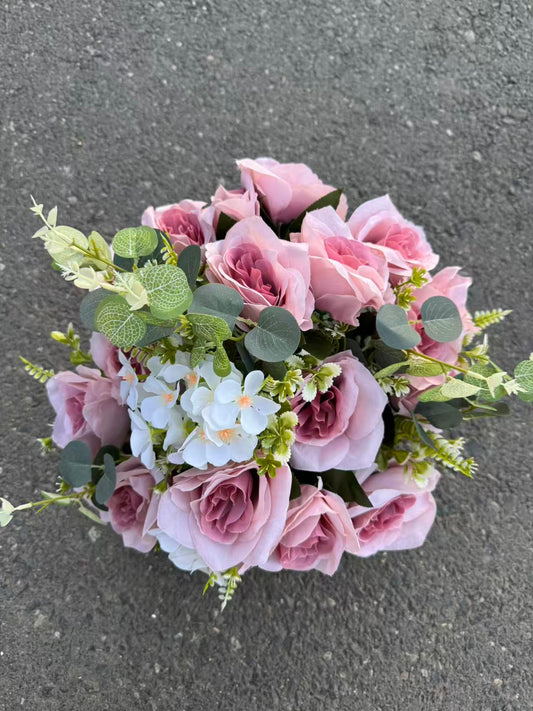 Buchet artificial cu trandafiri roz și frunze decorative, 28 capete, 40 cm, Ruyidecor