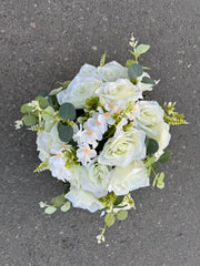Buchet artificial cu trandafiri roz și frunze decorative, 28 capete, 40 cm, Ruyidecor