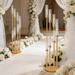 Set 4 sfeșnice decorative aurii cu 8 suporturi lumânări, design modern elegant, înălțime 128 cm (fără lumânări)