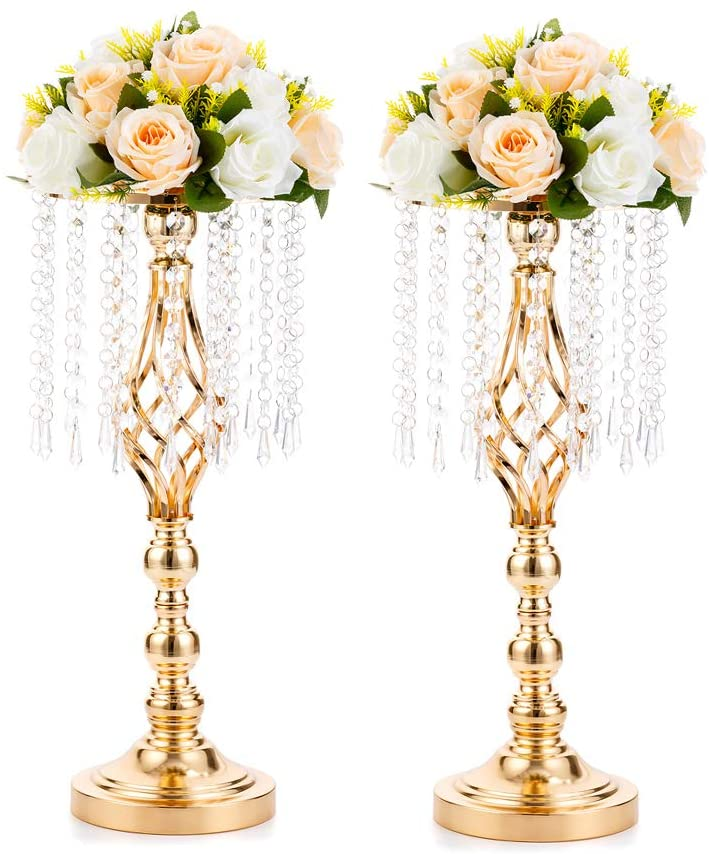 Set 4 suporturi decorative aurii cu cristale suspendate, design elegant pentru aranjamente florale, înălțimi 43 cm sau 58 cm (fără flori)