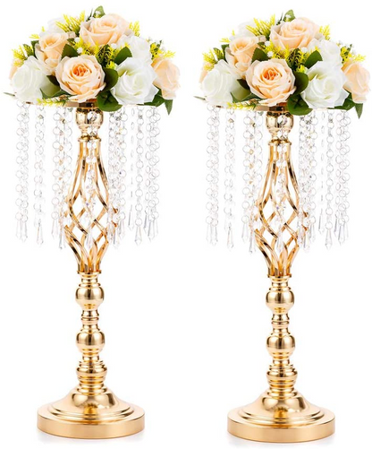 Set 4 suporturi decorative aurii cu cristale suspendate, design elegant pentru aranjamente florale, înălțimi 43 cm sau 58 cm (fără flori)