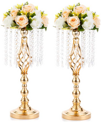 Set 4 suporturi decorative aurii cu cristale suspendate, design elegant pentru aranjamente florale, înălțimi 43 cm sau 58 cm (fără flori)