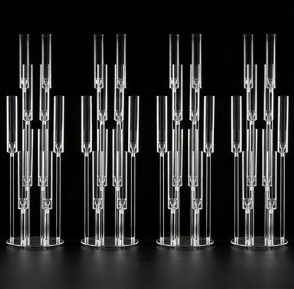 Set 4 sfeșnice decorative transparente cu 10 suporturi lumânări, design modern elegant, înălțime 108 cm (fără lumânări)