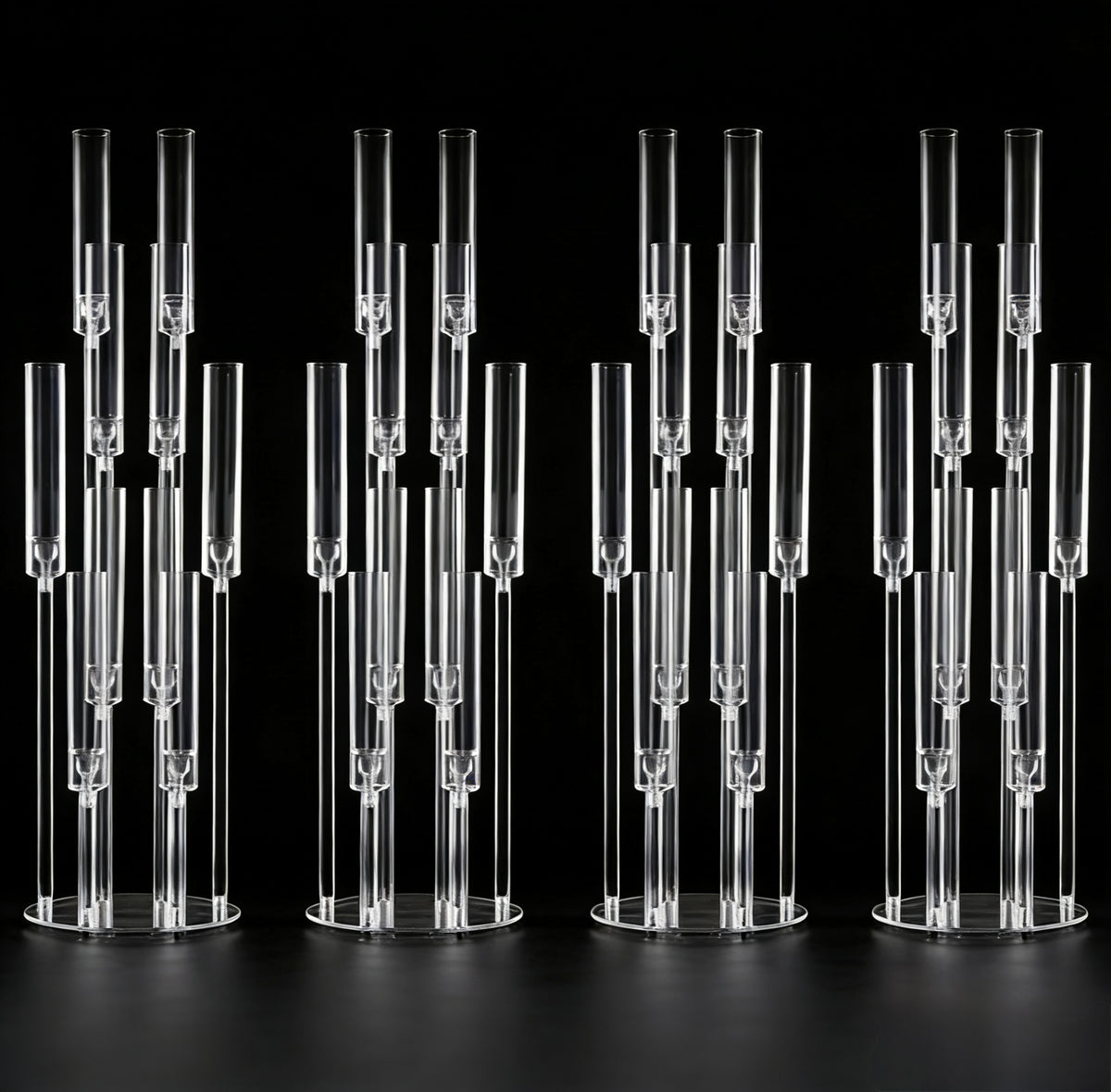 Set 4 sfeșnice decorative transparente cu 10 suporturi lumânări, design modern elegant, înălțime 108 cm (fără lumânări)