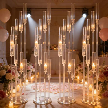 Set 4 buc suport pentru 8 capete lumanari – Înălțime până la 128 cm, Transparent, pentru Lumânări LED, Decor de Nuntă Elegant