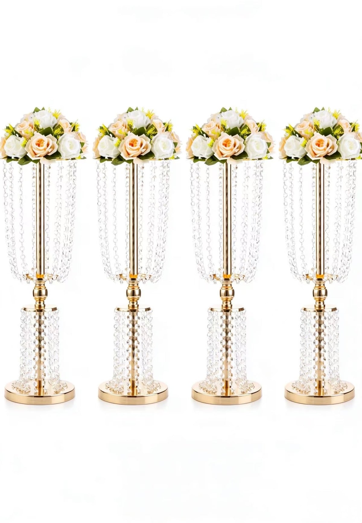 Set 4 suporturi decorative aurii cu cristale suspendate, pentru aranjamente florale elegante, înălțimi 60/80/100 cm (fără flori)
