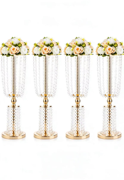 Set 4 suporturi decorative aurii cu cristale suspendate, pentru aranjamente florale elegante, înălțimi 60/80/100 cm (fără flori)