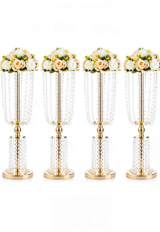 Set 4 suporturi decorative aurii cu cristale suspendate, pentru aranjamente florale elegante, înălțimi 60/80/100 cm (fără flori)