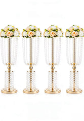 Set 4 suporturi decorative aurii cu cristale suspendate, pentru aranjamente florale elegante, înălțimi 60/80/100 cm (fără flori)