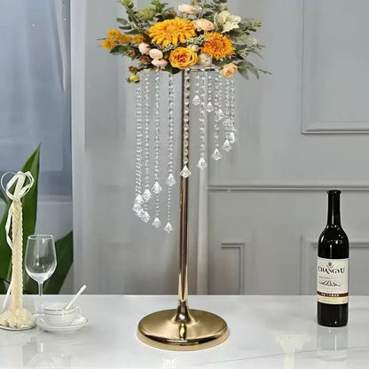 Set 4 suporturi decorative aurii cu cristale suspendate, pentru aranjamente florale elegante, înălțimi 70 cm sau 90 cm (fără flori)