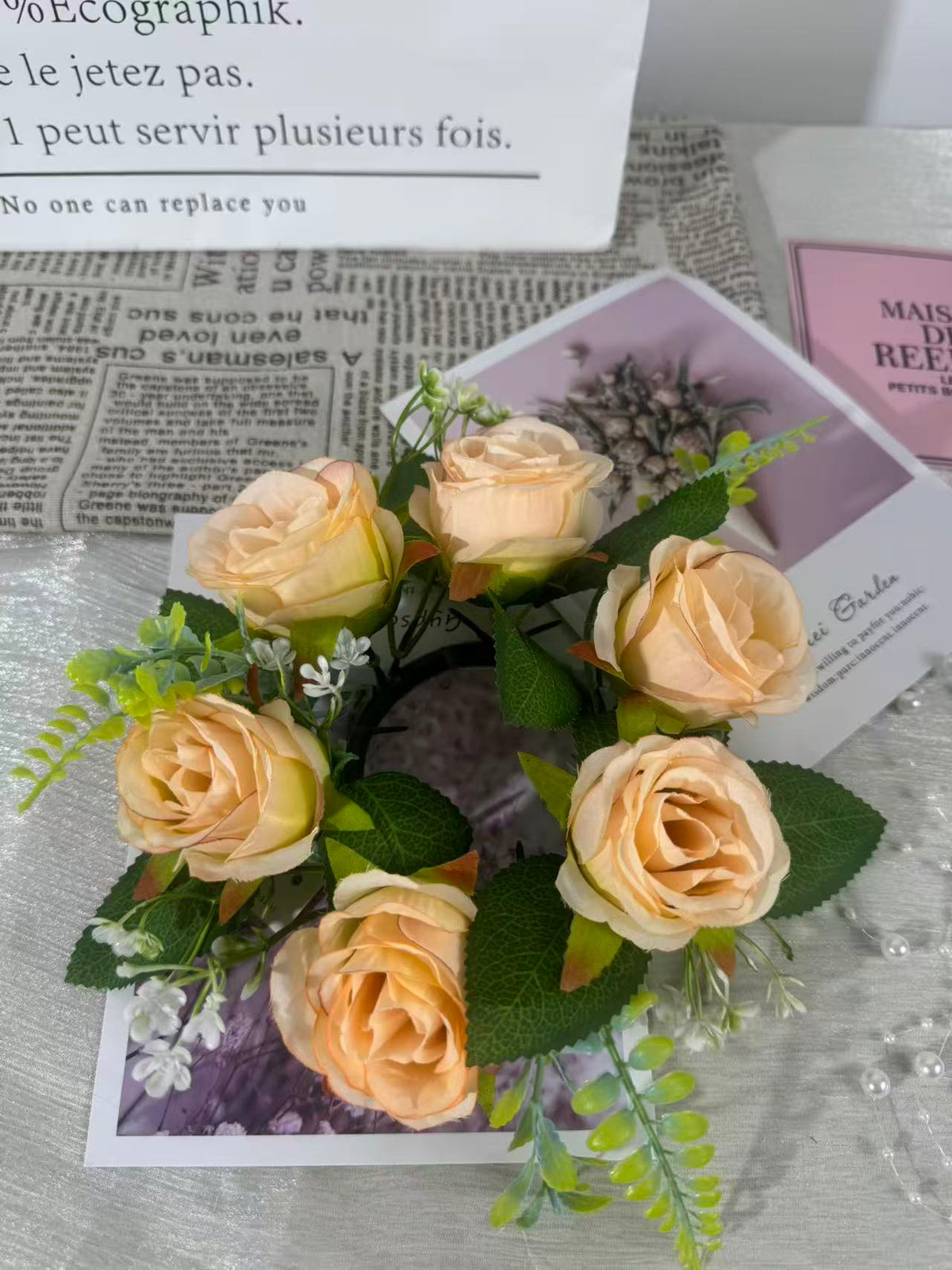 Aranjament floral cu lumânare decorativă, 6 capete, 30 cm, Ruyidecor