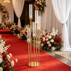 Set 4 buc Suport pentru 5 Capete  Lumânări, Decor Auriu cu Tuburi Cilindrice din Sticlă, 128 cm Înălțime Max