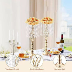 Set 4 suporturi decorative aurii cu cristale suspendate, design elegant pentru aranjamente florale, înălțimi 43 cm sau 58 cm (fără flori)