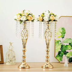 Set 4 suporturi decorative aurii cu cristale suspendate, design elegant pentru aranjamente florale, înălțimi 43 cm sau 58 cm (fără flori)
