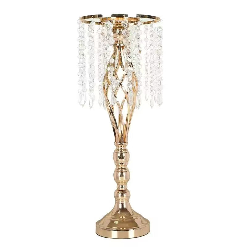 Set 4 suporturi decorative aurii cu cristale suspendate, design elegant pentru aranjamente florale, înălțimi 43 cm sau 58 cm (fără flori)