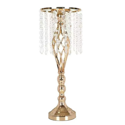 Set 4 suporturi decorative aurii cu cristale suspendate, design elegant pentru aranjamente florale, înălțimi 43 cm sau 58 cm (fără flori)