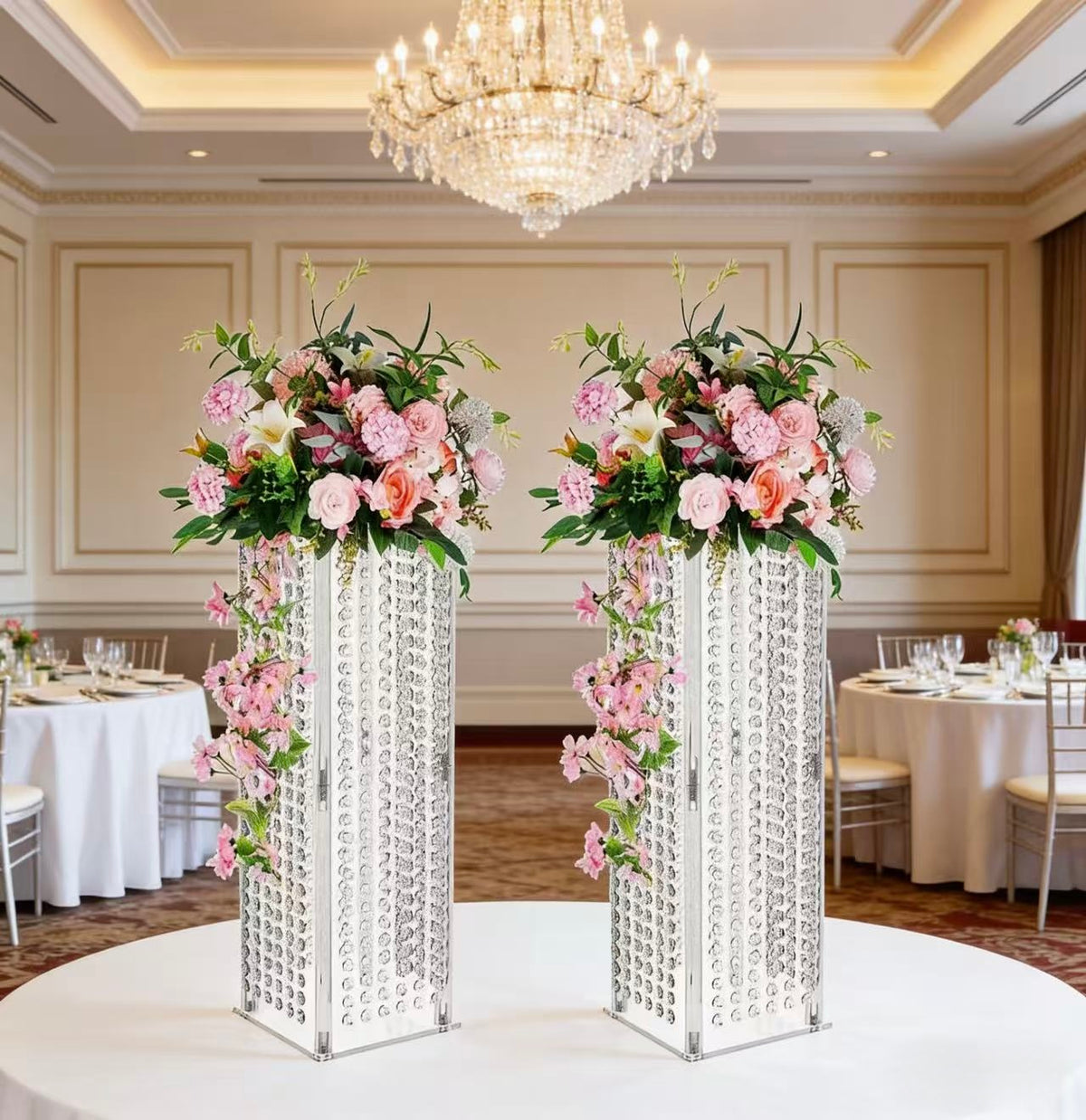 Set 4 suporturi decorative transparente cu cristale tip perdea, pentru aranjamente florale, înălțimi 40/60/80/100 cm (fără flori)