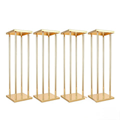 Set 4 suporturi decorative aurii tip piedestal, design modern geometric, înălțimi diferite
