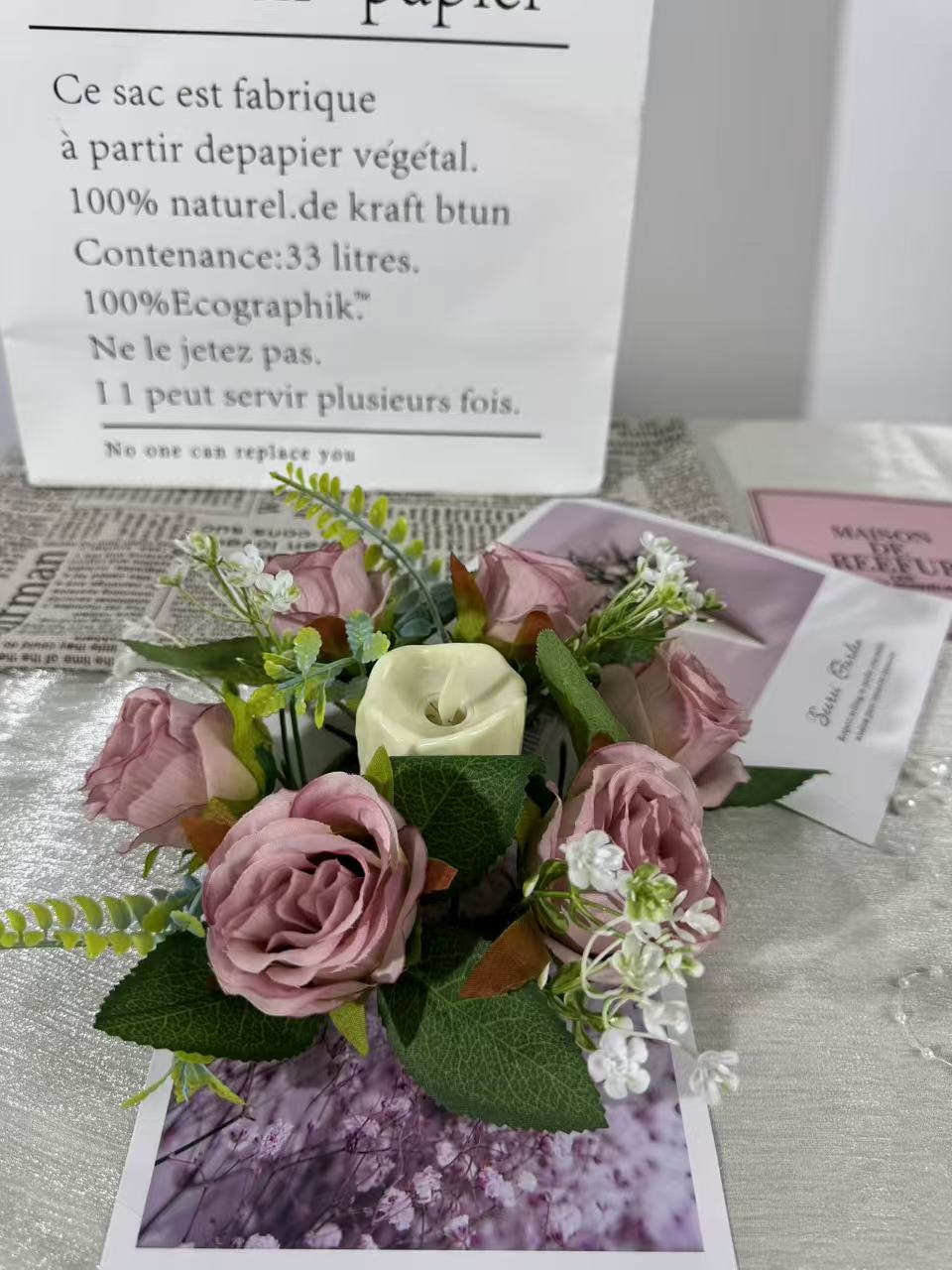 Aranjament floral cu lumânare decorativă, 6 capete, 30 cm, Ruyidecor