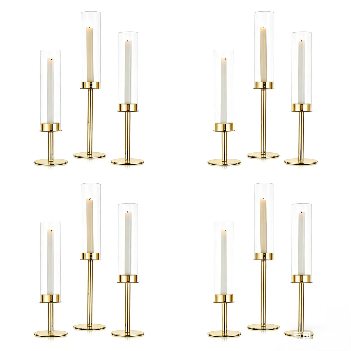 4  seturi Set 3 suporți de lumânări din sticlă transparentă , elegante și versatile .Designul simplu și rafinat le face perfecte pentru a crea o atmosferă caldă -