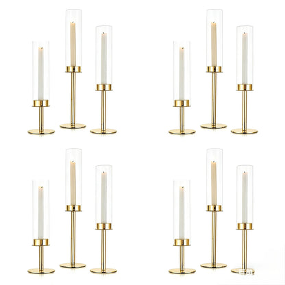 4  seturi Set 3 suporți de lumânări din sticlă transparentă , elegante și versatile .Designul simplu și rafinat le face perfecte pentru a crea o atmosferă caldă -
