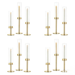 4  seturi Set 3 suporți de lumânări din sticlă transparentă , elegante și versatile .Designul simplu și rafinat le face perfecte pentru a crea o atmosferă caldă -