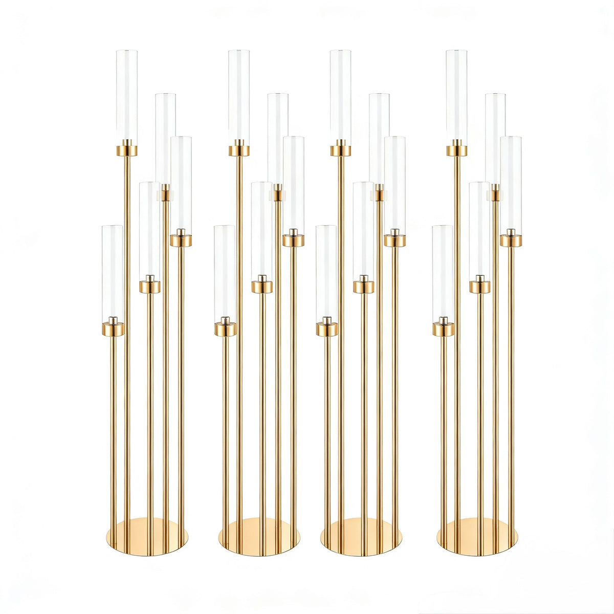 Set 4 buc Suport pentru 5 Capete  Lumânări, Decor Auriu cu Tuburi Cilindrice din Sticlă, 128 cm Înălțime Max
