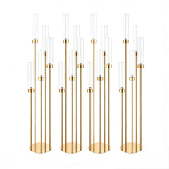 Set 4 buc Suport pentru 5 Capete  Lumânări, Decor Auriu cu Tuburi Cilindrice din Sticlă, 128 cm Înălțime Max
